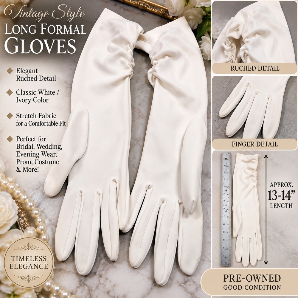 Vintage Style Long Formal Gloves Ivory White Ruched Stretch Opera Length Bridal